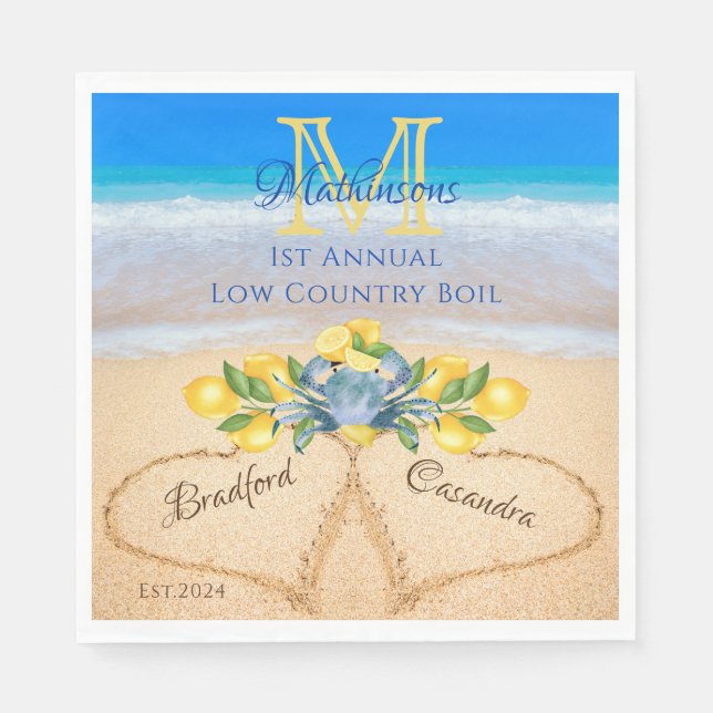 Krabben und Lemon Wedding Hearts in Sand Serviette (Vorderseite)