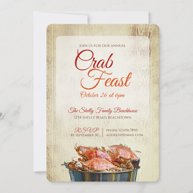 Krabbenfest Küsten-Meeresfrüchte-Abendessen Rustik Einladung (Vorderseite)