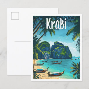 Krabi Thailand Vintag Art Travel Illustration Postkarte