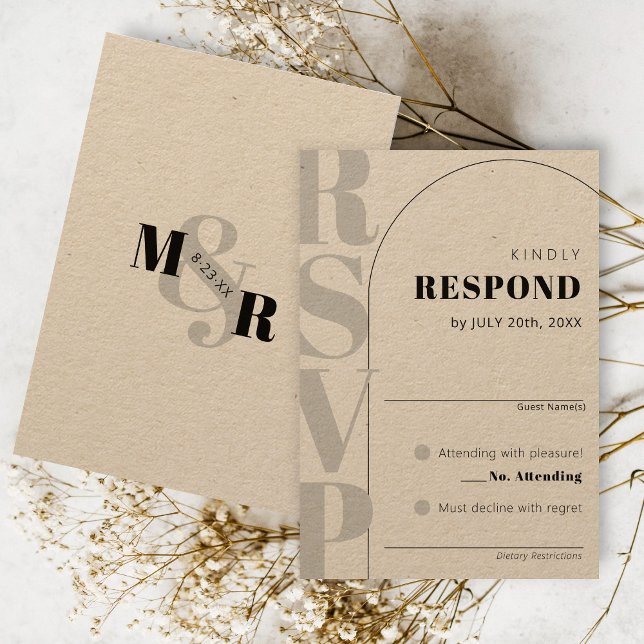 Kraft Amperand Modern Arch Wedding RSVP Card Karte (Rustic ampersand simple black rustic kraft arch bold monogram RSVP wedding invitation response card)