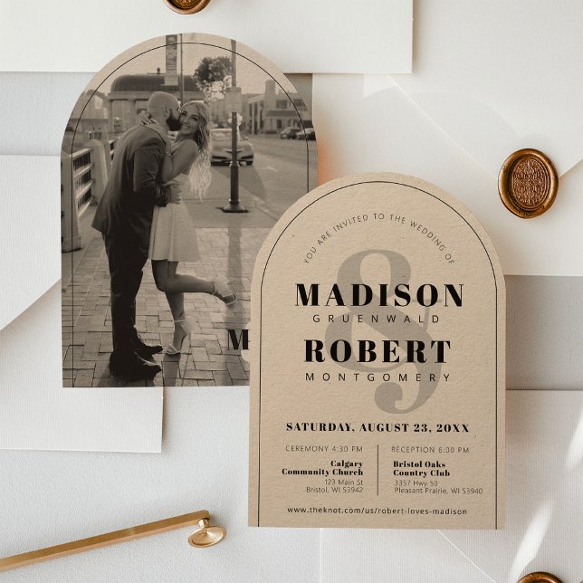 Kraft Ampersand Schwarz-Weiß-Foto-Hochzeit Einladung (Beautiful modern black kraft simple elegant ampersand typography photo arch wedding invitation)