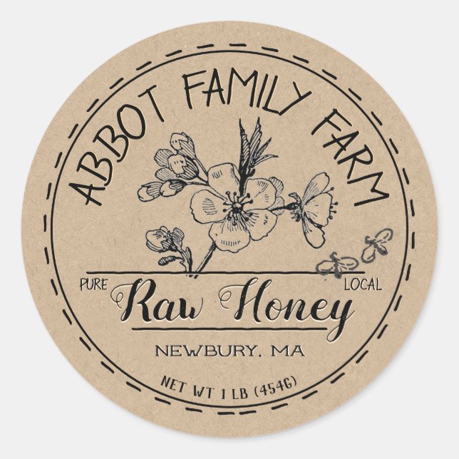 Kraft Apple Blossom Raw Local Honey Label Rustikal Runder Aufkleber (Vorderseite)