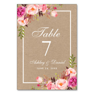 Kraft-Aquarell-Blumen-Hochzeit in Rosa Tischnummer