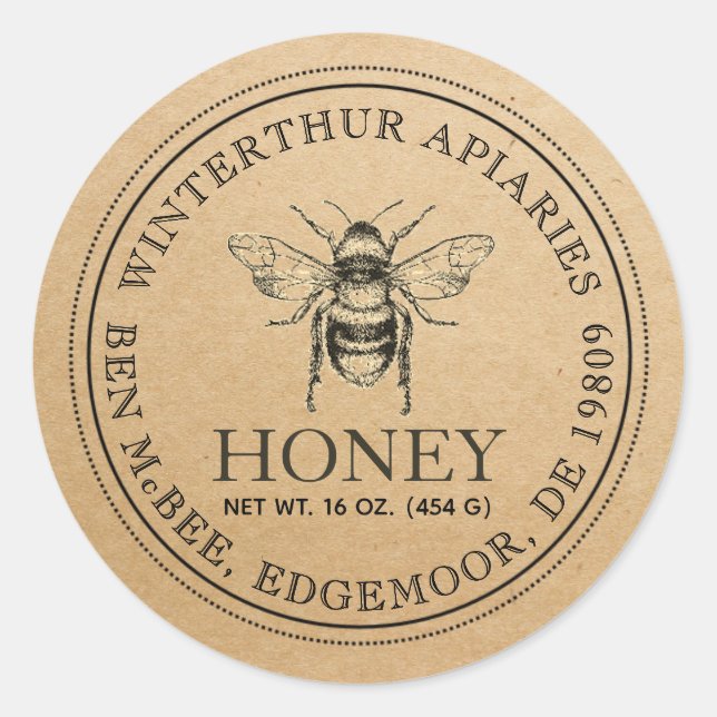 Kraft Bee Honey Jar Label dunkler Text Runder Aufkleber (Vorderseite)