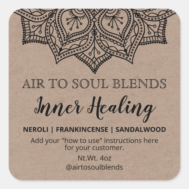 Kraft Black Mandala Blend Labels Quadratischer Aufkleber (Vorderseite)
