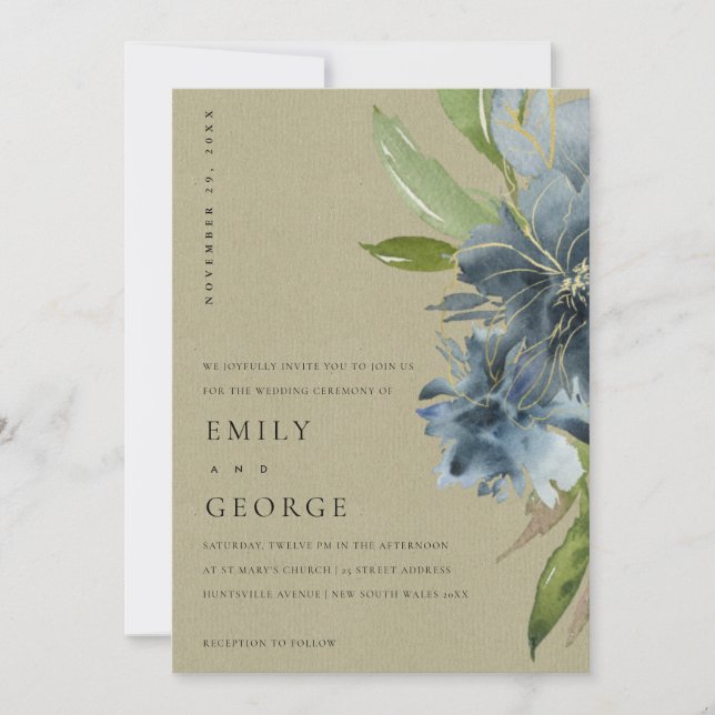 KRAFT BLUE GREEN GOLD FLORAL WEDITE INVITE DANKESKARTE (Vorderseite)