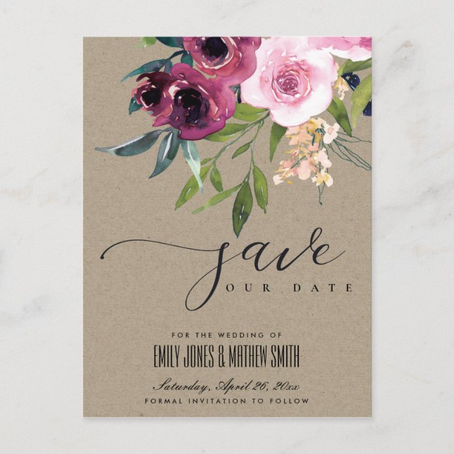 KRAFT BLUSH BURGUNDDY FLORAL BUNCH SAVE THE DATE ANKÜNDIGUNGSPOSTKARTE (Vorderseite)