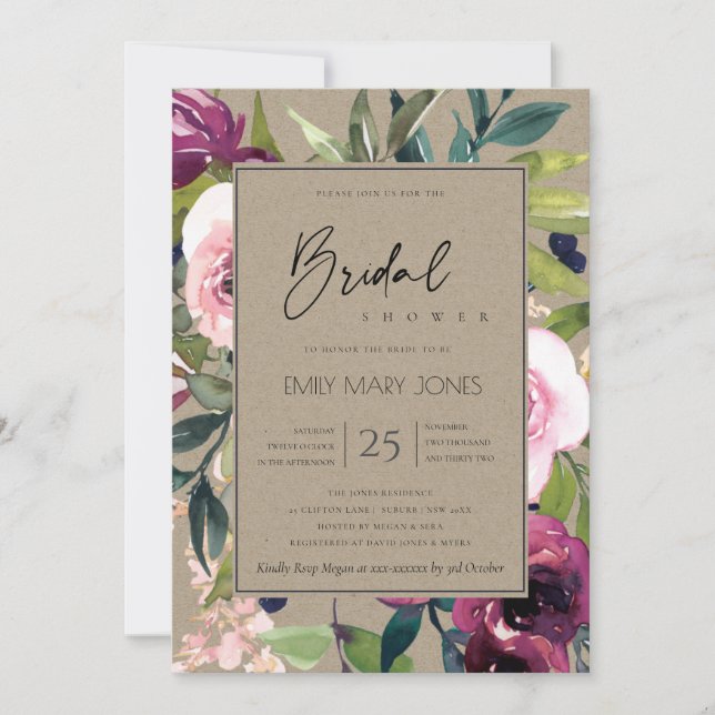 KRAFT BLUSH BURGUNDY FLORAL BUNCH BRAUTPARTY EINLADUNG (Vorderseite)
