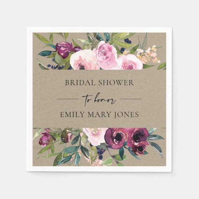 KRAFT BLUSH BURGUNDY FLORAL BUNCH BRIDAL SHOWER SERVIETTE (Vorderseite)