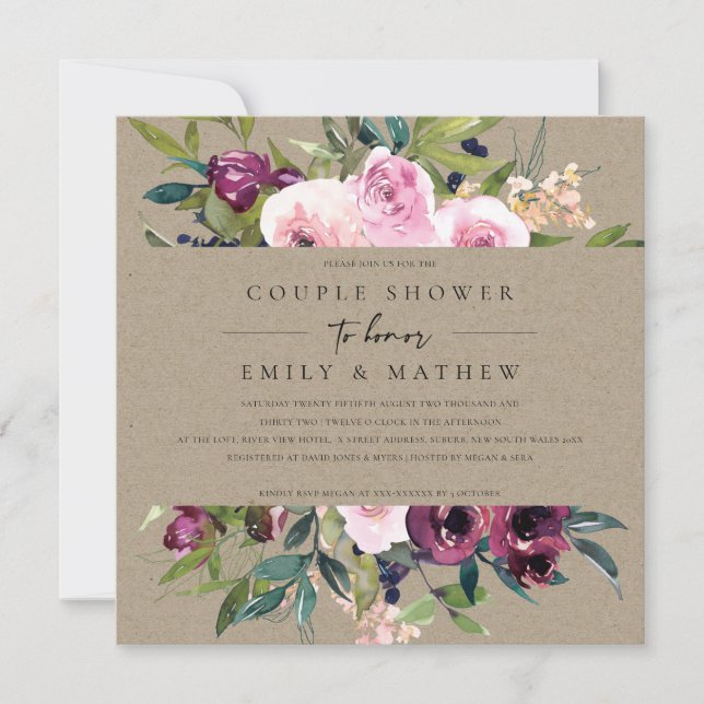 KRAFT BLUSH BURGUNDY FLORAL BUNCH COUPLE SHOWY EINLADUNG (Vorderseite)