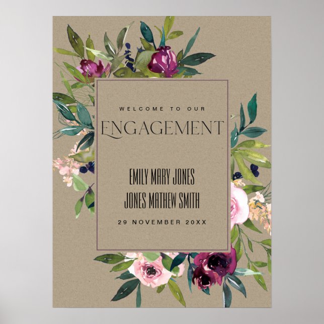 KRAFT BLUSH BURGUNDY FLORAL VERLOBUNG WILLKOMMEN POSTER (Vorne)