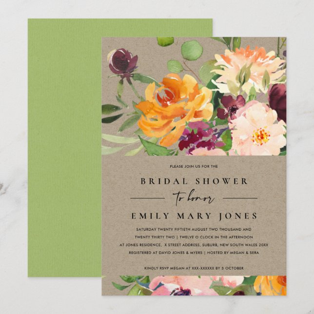 KRAFT BLUSH YELLOW ORANGE FLORAL BRAUTPARTY EINLADUNG (Vorne/Hinten)