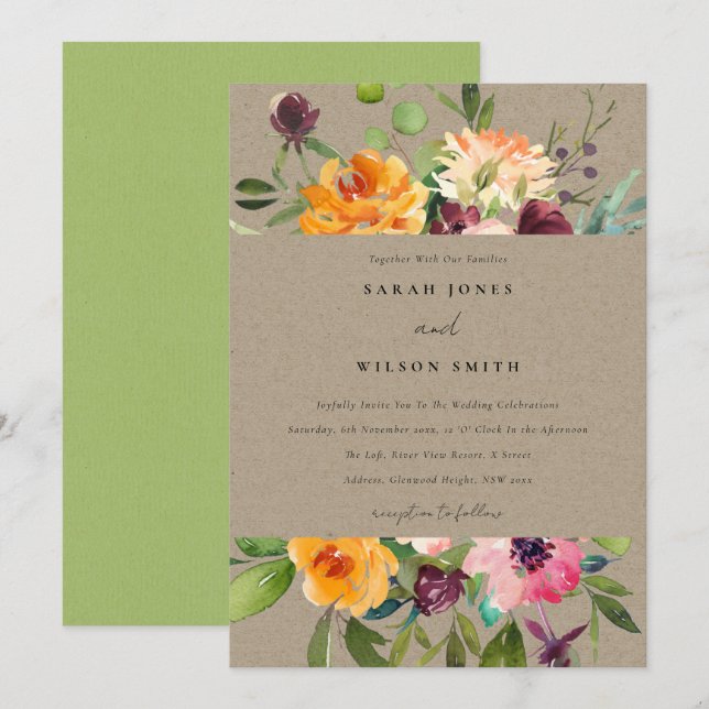 KRAFT BLUSH YELLOW ORANGE FLORAL BUNCH WEDD EINLADUNG (Vorne/Hinten)