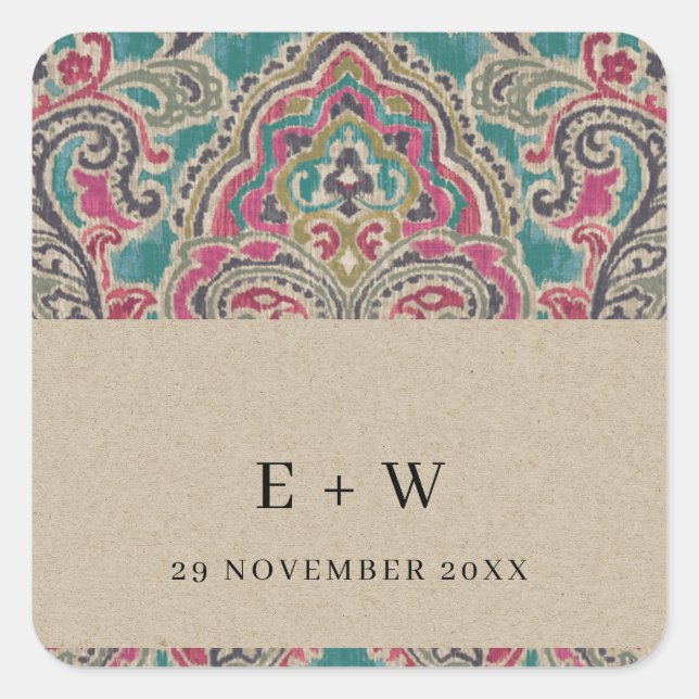 KRAFT BOHO TRIBAL IKAT PINK AQUAMARIN MONOGRAM WED QUADRATISCHER AUFKLEBER (Vorderseite)