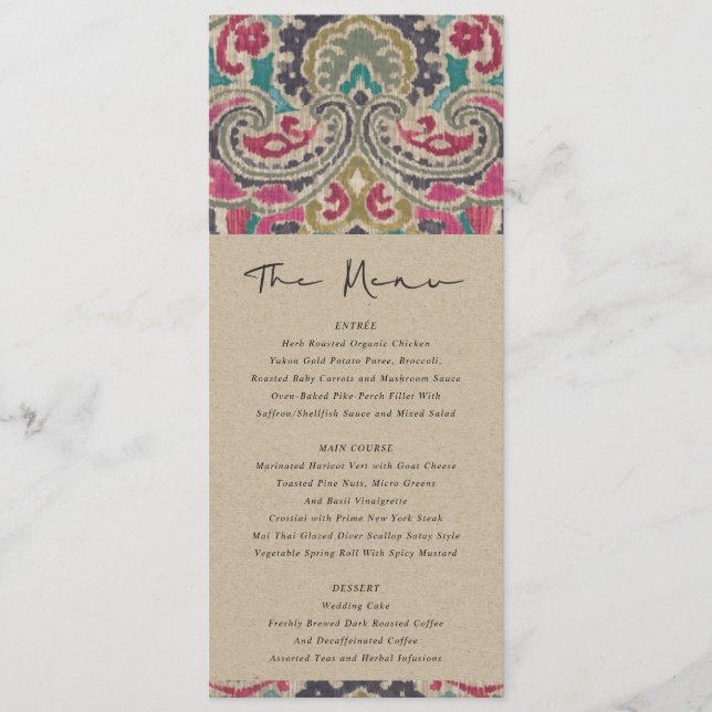 KRAFT BOHO TRIBAL IKAT PINK AQUAMARIN WEDD MENU MENÜKARTE (Vorderseite)