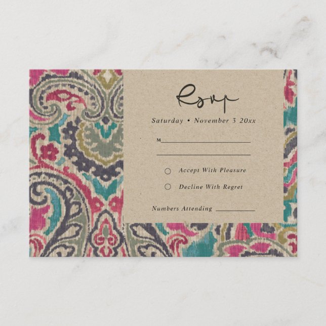 KRAFT BOHO TRIBAL IKAT PINK AQUAMARIN WEDD RSVP BEGLEITKARTE (Vorderseite)