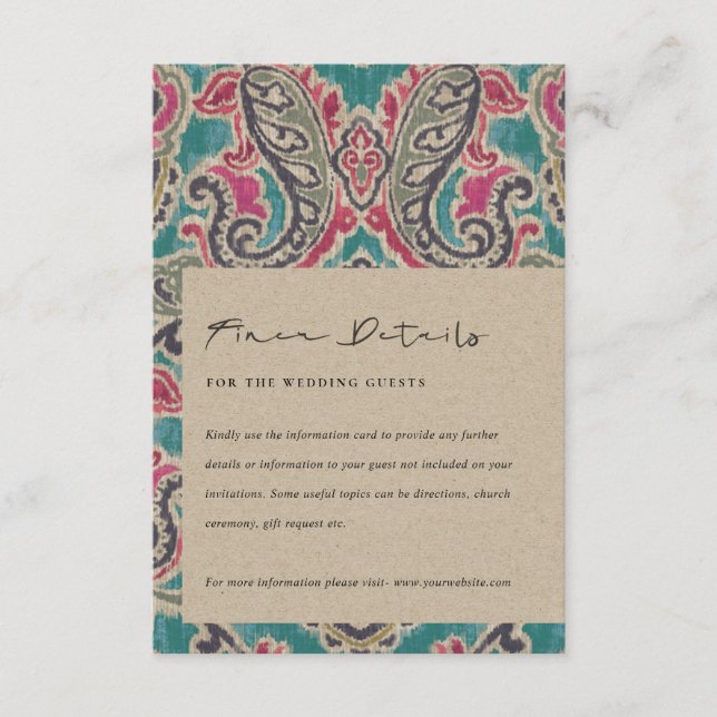 KRAFT BOHO TRIBAL IKAT PINK AQUAMARIN WEDDING DETA BEGLEITKARTE (Vorderseite)