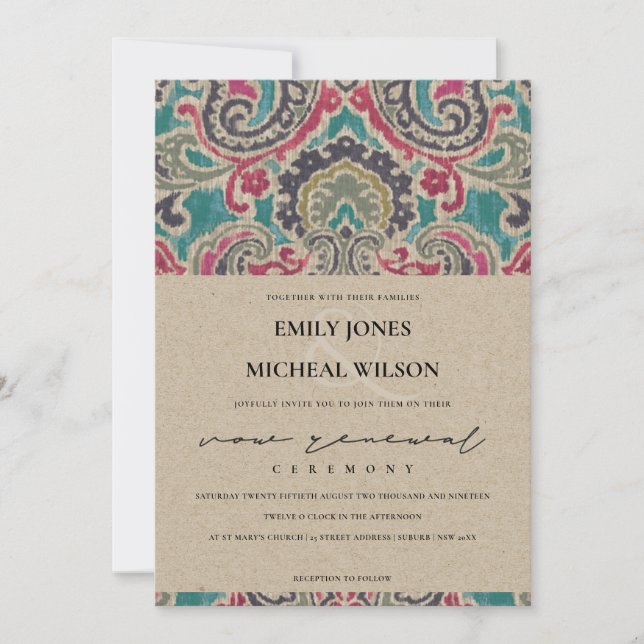 KRAFT BOHO TRIBAL IKAT PINK VOW RENEWITE INVITE DANKESKARTE (Vorderseite)