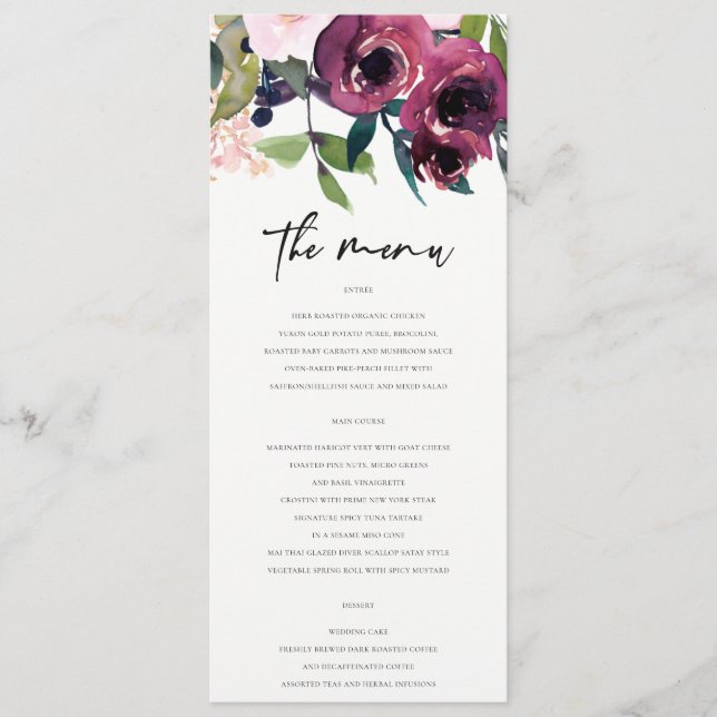 KRAFT BRIGHT BLUSH BURGUNDY FLORAL BUNCH WEDING MENÜKARTE (Vorderseite)