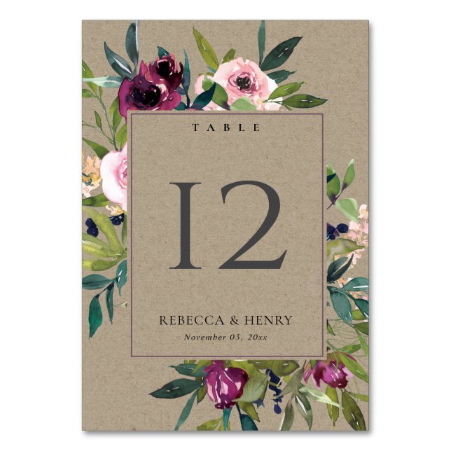 KRAFT BRIGHT BLUSH BURGUNDY FLORAL BUNCH WEDING TISCHNUMMER (Vorderseite)
