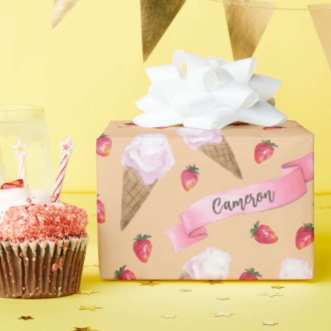 Kraft Brown Personalisiert Strawberry Ice Creme Co Geschenkpapier (Geburtstagsparty)