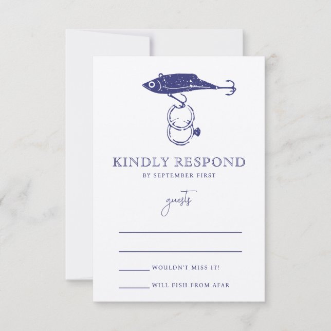 Kraft Brown Rustic Fishing Lure Rings Navy Blue RSVP Karte (Vorderseite)