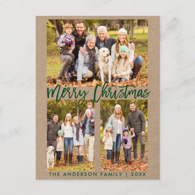 Kraft Brush Script Family 3 Foto Frohe Weihnachten Postkarte (Vorderseite)