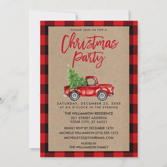 Kraft Brush Script Truck Kariertes Weihnachtsfest  Einladung (Vorderseite)