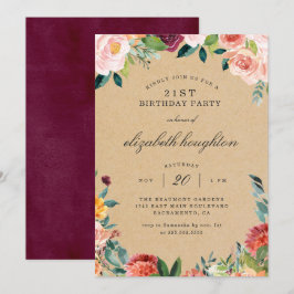 Kraft Burgundy Blush Pink Floral Geburtstagsparty Einladung