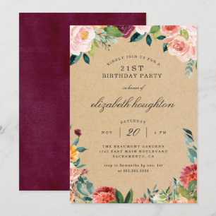 Kraft Burgundy Blush Pink Floral Geburtstagsparty Einladung