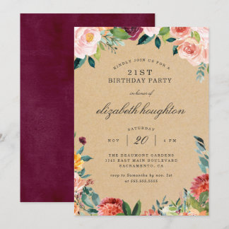 Kraft Burgundy Blush Pink Floral Geburtstagsparty Einladung