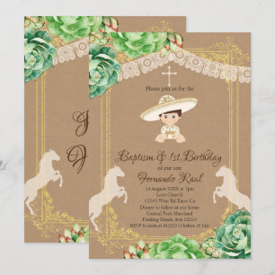 Kraft Cactus Fiesta Taufe und Erster Geburtstag Einladung