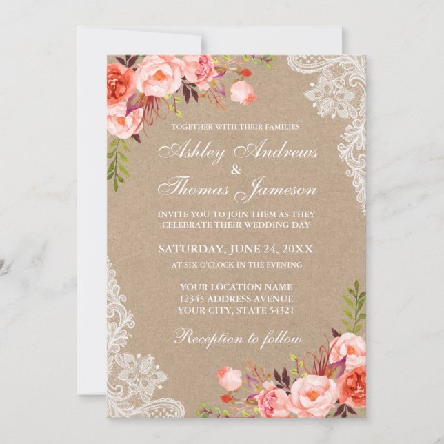 Kraft Coral Floral Lace Wedite Einladung (Vorderseite)