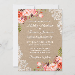 Kraft Coral Floral Lace Wedite Einladung