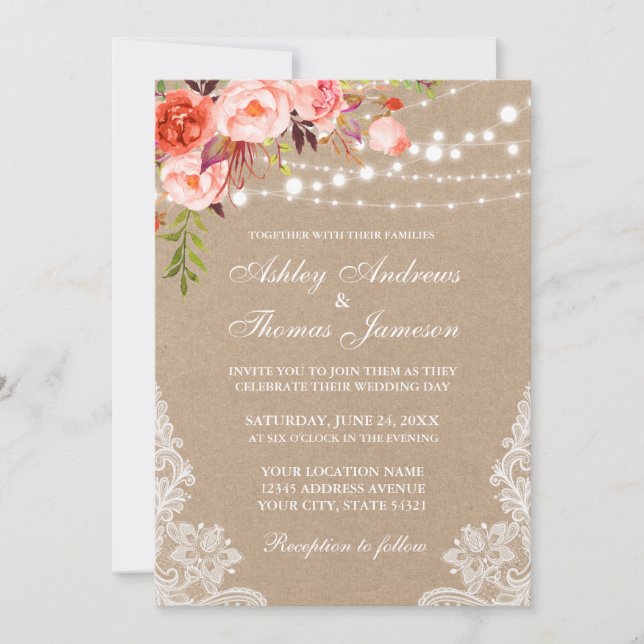 Kraft Coral Floral Lights Lace Wedite Einladung (Vorderseite)