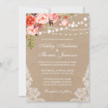 Kraft Coral Floral Lights Lace Wedite Einladung
