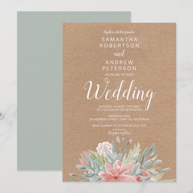 Kraft Dusty rosa grüne, blumenfarbene Hochzeit Einladung (Vorne/Hinten)