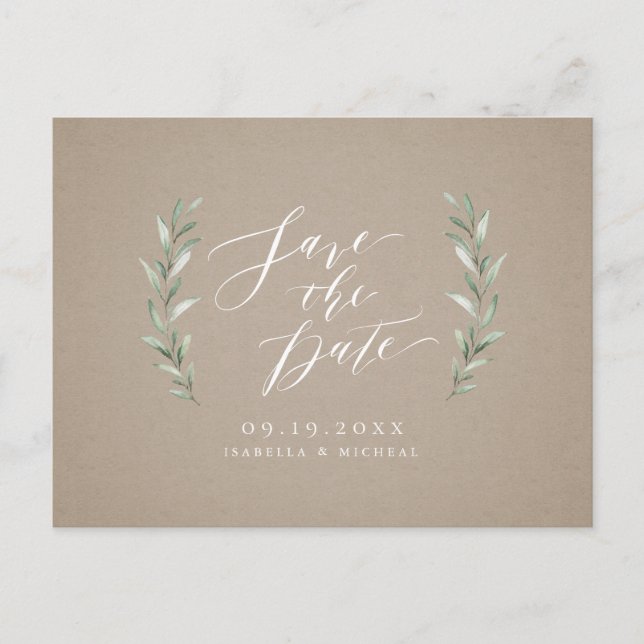 Kraft Einfache kalligraphische Hochzeit rustikaler Ankündigungspostkarte (Vorderseite)