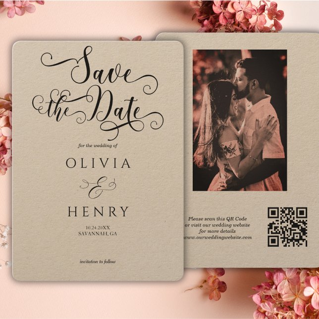 Kraft Eleganter Calligraphy Script Foto QR Code Save The Date (Von Creator hochgeladen)