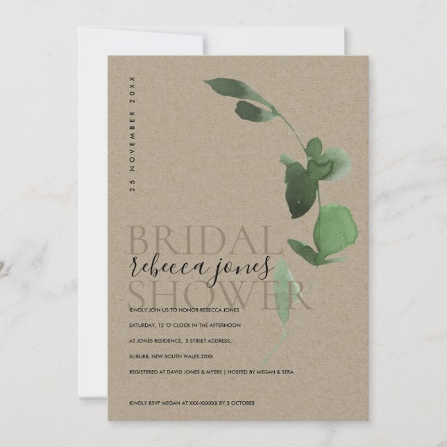 KRAFT EUCALYPTUS FOLIAGE WATERCOLOR BRAUTPARTY ANKÜNDIGUNG (Vorderseite)