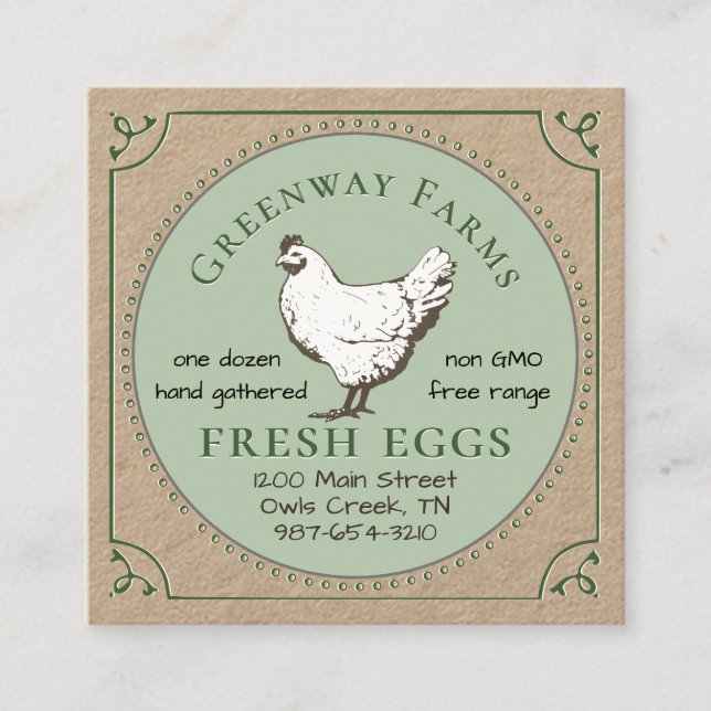 Kraft Farm Name Fresh Egs Business Card mit Hen Quadratische Visitenkarte (Vorderseite)