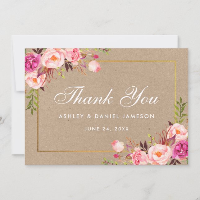 Kraft Floral Pink Blush Gold Hochzeitsbonuskarte Dankeskarte (Vorderseite)