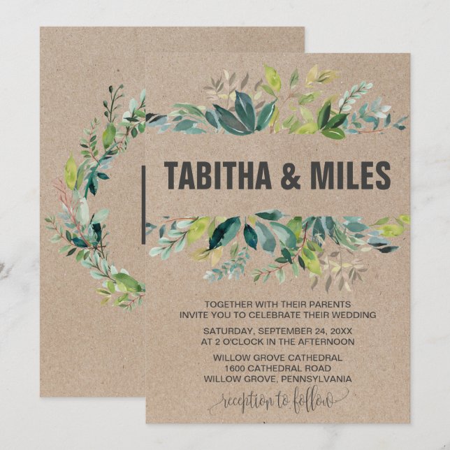Kraft-Foliage mit Monogramm-Kranz-Backupe Einladung (Vorne/Hinten)
