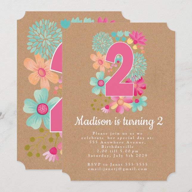 Kraft Girls Floral 2e Invitation de fête d'anniver (Devant / Derrière)