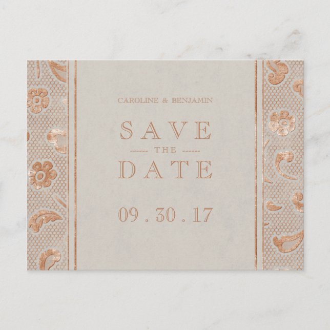 Kraft gold Lace rustikale Hochzeit speichern Sie d Ankündigungspostkarte (Vorderseite)