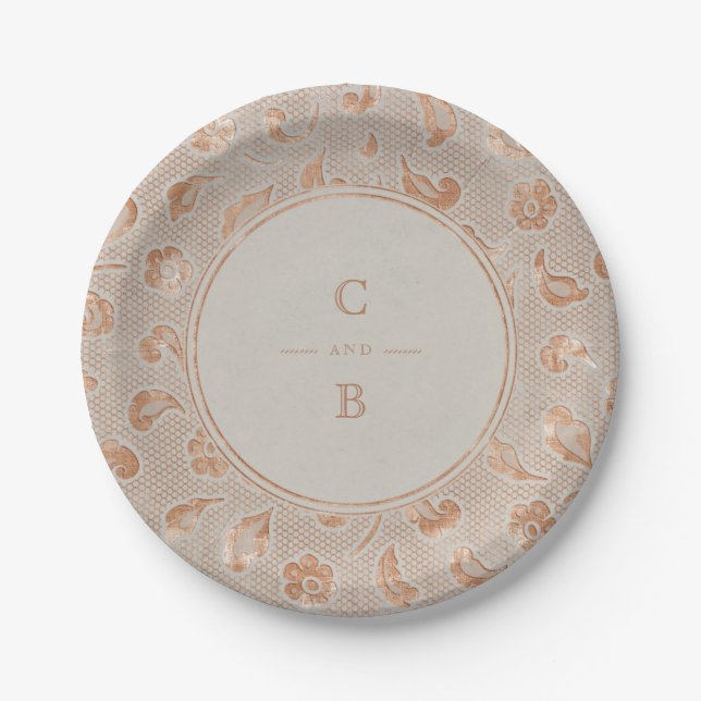 Kraft gold Lace rustikales Land Hochzeit Monogramm Pappteller (Vorderseite)