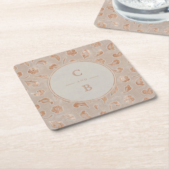 Kraft gold Lace rustikales Land Hochzeit Monogramm Rechteckiger Pappuntersetzer (angewinkelt)