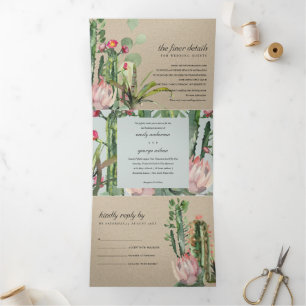 KRAFT GRAY FLORAL CACTI FOLIAGE WATERCOLOR WEDD DREIFACH GEFALTETE EINLADUNG