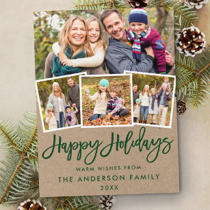 Kraft Green Brush Script Happy Holidays 4 Foto Postkarte