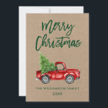 Kraft Green Brush Script Vintag LKW Weihnachten<br><div class="desc">Kraft Brush Script Wasserfarbe Vintager roter LKW mit Weihnachtsbaum - Frohe Weihnachtskarte</div>